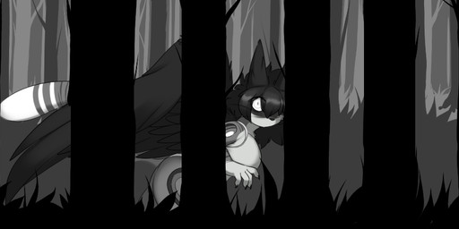 anthro black_hair breasts feathered_wings feathers female forest grass hair looking_at_viewer plant solo tail tree wings robertge jason_markova domestic_cat felid feline felis mammal 2024 digital_media_(artwork)
