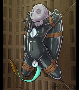 anthro asphyxiation balls bdsm bitchsuit bondage bondage_gear bound breast_play breasts cock_gag gag gag_mask genitals latex male rebreather_bag sensory_deprivation solo straps suspension suspension_bondage stripedcrocodile mythology pure_gold_(oc) avian gryphon mythological_avian mythological_creature hi_res