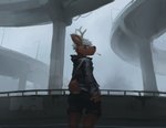 4_fingers anthro antlers bottomwear brown_body brown_fur butt butt_pose clothed clothing fingers fog fur hair highway horn jacket looking_at_viewer male modern_architecture outside pose raised_tail rear_view solo standing tail topwear white_hair nule cervine deer mammal hi_res