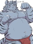 anthro asian_clothing belly big_belly blush clothing collar east_asian_clothing fundoshi humanoid_hands japanese_clothing kemono male moobs navel nipples overweight overweight_male red_clothing red_fundoshi red_underwear simple_background solo underwear white_background toraya_inugami felid mammal pantherine tiger 2024 hi_res