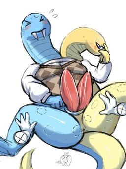 2_penises anthro anus bite_mark bite_mark_on_butt bite_mark_on_leg bite_mark_on_thigh blue_body blue_eyes blush blush_lines bodily_fluids clothing conjoined conjoined_twins covering covering_face diphallism disembodied_hand eyebrows eyes_closed fangs genital_fluids genitals group looking_at_viewer male male/male multi_genitalia multi_penis multicolored_body penis precum simple_background spread_legs spreading sweater tail teeth topwear trio yellow_body apple_mortar_(artist) toons_universe anonymous_character guido_and_rossum reptile scalie snake
