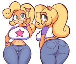 anthro big_breasts blonde_hair breasts butt clothing crop_top female green_eyes hair long_hair looking_at_viewer midriff ponytail shirt simple_background smile smiling_at_viewer solo topwear jek_korpen activision crash_bandicoot_(series) coco_bandicoot bandicoot mammal marsupial absurd_res hi_res multiple_images