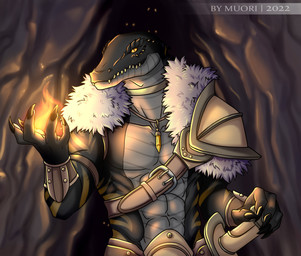 abs anthro armor black_body elemental_manipulation fire fire_manipulation jewelry magic male melee_weapon muscular muscular_anthro muscular_male necklace pauldron pecs pendant sharp_teeth solo straps sword teeth teeth_showing text weapon yellow_body muori draydon_(valibrex) crocodile crocodilian reptile scalie 2022 artist_name dated digital_media_(artwork)