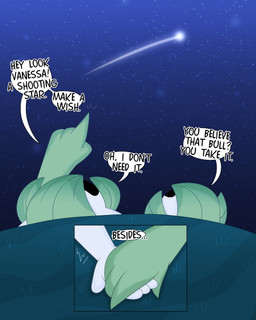 anthro dialogue duo female female/female grass green_body hand_holding hill night plant shooting_star speech_bubble star text white_body 3barts nintendo pokemon mary_(3barts) vanessa_(3barts) gardevoir generation_3_pokemon kirlia pokemon_(species) 4:5 colored comic digital_drawing_(artwork) digital_media_(artwork) english_text hi_res shaded