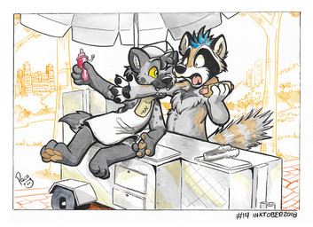 anthro apron bite black_hair black_pawpads blue_hair clothing duo fingerpads fur grey_body grey_fur hair hat headgear headwear logo male mohawk nude open_mouth orange_eyes pawpads pink_tongue spotted_arms tongue white_clothing white_hat white_headwear yellow_sclera young young_anthro young_male pandapaco hyena mammal procyonid raccoon 2018 artist_logo dated signature