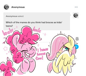braces duo eyes_closed feathered_wings feathers female feral hair happy pink_hair shy simple_background smile teeth text white_background wings yellow_body yellow_feathers louvely friendship_is_magic hasbro my_little_pony mythology tumblr fluttershy_(mlp) pinkie_pie_(mlp) earth_pony equid equine horse mammal mythological_creature mythological_equine pegasus pony english_text hi_res