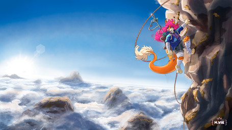 anthro backpack bandage big_tail climbing cloud digitalpainting female hair landscape male mountain pink_hair sky solo tail tail_tuft tuft mvikt felid hybrid jaguar lion mammal pantherine 16:9 4k absurd_res digital_media_(artwork) hi_res widescreen