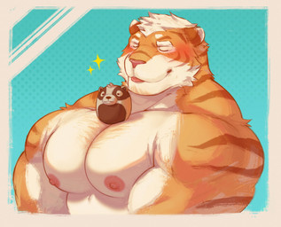 anthro areola barazoku biceps big_muscles big_pecs blep blue_background blush body_hair border brown_body brown_fur brown_stripes chest_hair closed_smile countershade_arms countershade_face countershade_fur countershade_torso countershading deltoids dipstick_ears ear_markings eyebrows eyes_closed fur hair male male_anthro mouth_closed multicolored_body multicolored_ears multicolored_fur muscular muscular_anthro muscular_male nipples nude nude_anthro nude_male orange_body orange_fur pecs pink_areola pink_nipples pink_nose short_hair simple_background smile solo striped_body striped_fur stripes three-quarter_view tongue tongue_out trapezius white_body white_border white_countershading white_eyebrows white_fur white_hair theor echo_(series) echo_project the_smoke_room nikolai_krol felid mammal pantherine tiger bust_portrait digital_media_(artwork) hi_res portrait shaded