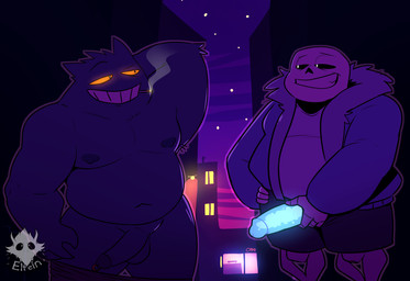 anthro barazoku blue_penis bone cigarette clothed clothing duo genital_piercing genitals humanoid_genitalia humanoid_penis male male/male nipples penis penis_piercing piercing public skeleton smoking elfein nintendo pokemon undertale undertale_(series) sans_(undertale) animated_skeleton generation_1_pokemon gengar pokemon_(species) undead crossover