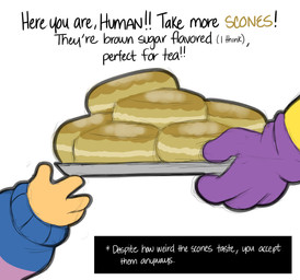 alternate_universe bread clothed clothing duo food fur gloves handwear male text friisans altertale undertale undertale_(series) asgore_(altertale) asgore_dreemurr frisk_(undertale) human mammal english_text hi_res