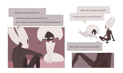 anthro bedroom biped black_body black_eyes border detailed_background dialogue duo empty_eyes eye_contact featureless_crotch female female/female female_anthro female_humanoid humanoid_on_anthro inside leaning leaning_backward looking_at_another looking_at_partner lying mouthless nude on_front onomatopoeia sigh sitting sound_effects speech_bubble spread_legs spreading talking_to_another talking_to_partner text white_body white_border white_eyes justdog hollow_knight:_silksong hollow_knight_(franchise) team_cherry hornet_(hollow_knight) lace_(hollow_knight:_silksong) arthropod humanoid 2025 comic digital_drawing_(artwork) digital_media_(artwork) english_text hi_res