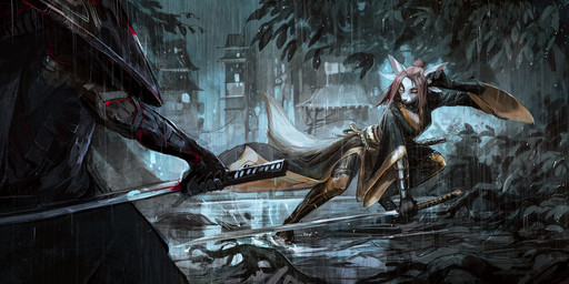 anthro asian_clothing clothing cybernetic_limb cyberpunk duo east_asian_clothing female hair intersex intersex/female japanese_clothing katana kimono melee_weapon pink_hair raining samurai sword tail warrior weapon drawing_sofa mythology canid canine dragon fox hybrid mammal mythological_creature mythological_scalie scalie hi_res