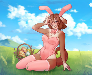 anthro biped bow_tie brown_hair bunny_costume clothing costume curvy_figure easter_egg egg_hunt fake_ears fake_rabbit_ears female field fluffy_ears fur grey_eyes hair holidays hourglass_figure lace legwear multicolored_body multicolored_fur nature nature_background pink_clothing pose sitting solo stockings tights chrysanthemummy easter arabella canid canine canis domestic_dog mammal hi_res pinup