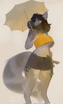 anthro blue_eyes bottomwear breasts brown_hair clothed clothing eyewear female fluffy fur glasses gold_glasses grey_body grey_fur hair holding_object holding_umbrella orange_clothing orange_topwear pattern_clothing pattern_topwear round_glasses shorts simple_background solo standing topwear umbrella under_boob mellonbun mammal species_request digital_media_(artwork) hi_res shaded