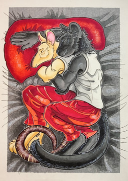 anthro bed bottomwear clothed clothing cuddling duo eyes_closed fully_clothed furniture hug hugging_another lying male male/male melanistic on_side pants pillow romantic romantic_couple shirt sleeping smile tank_top topwear white_clothing white_shirt white_tank_top white_topwear karmalow beastars kibi_(beastars) tao_(beastars) anteater felid leopard mammal pantherine pilosan xenarthran absurd_res hi_res traditional_media_(artwork)
