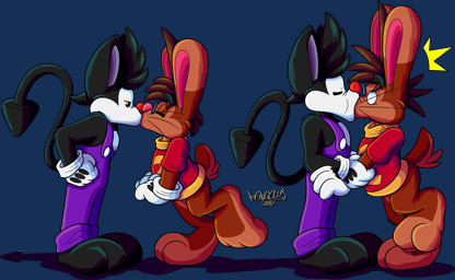 2_toes 3_toes 4_fingers anthro arm_grab big_feet cartoon_gloves curling_toes duo feet fingers kiss_on_lips kissing male male/male paws soft_vore spread_toes surprised tail toes toony vore whiskers marquis2007 herman_(marquis2007) roderick_(tamerkoh) imp lagomorph leporid mammal rabbit absurd_res alpha_channel hi_res