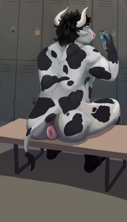 anthro anus big_anus black_body black_fur black_hair blue_eyes butt electronics equine_anus fur gaming hair holding_object holding_phone horn inside lock locker locker_bench locker_room male mobile_game muscular nude phone pink_anus playing_video_game puffy_anus rear_view sitting solo tail tail_tuft tuft white_body white_fur stufferzz block_blast bovid bovine cattle mammal 2026 colored hi_res