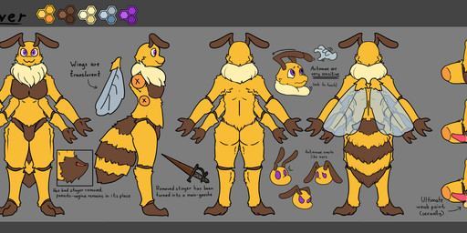 3_fingers alchemical_symbol angry animal_genitalia antennae_(anatomy) anthro antimony_(element) arthropod_abdomen balls_expansion begging blush breath brown_body brown_feet butt clenched_teeth dagger disembodied_hand exoskeleton expansion feet fingers genital_expansion genital_slit genitals insect_wings intersex male maleherm melee_weapon multi_arm multi_limb neck_tuft nervous panting penis purple_eyes sad segmented_body smile solo surprised symbol tapering_penis teeth tongue tongue_out tuft weapon wings yellow_body drawable_(artist) clover_(clovercorvus) arthropod bee honey_bee hymenopteran insect absurd_res hi_res model_sheet