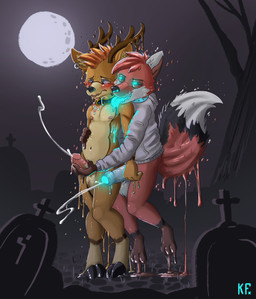 anthro balls blush bodily_fluids caught_in_the_act cemetery cum duo ejaculation genital_fluids genitals goo_transformation male male/male orgasm public shy simultaneous_orgasms slime tongue tongue_out transformation katxfish canid canine deer fox ghost goo_creature mammal spirit absurd_res hi_res