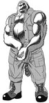 anthro barazoku biped bottomwear clothing humanoid_hands kemono male musclegut muscular muscular_anthro muscular_male pants shirt simple_background solo topwear white_background ghq hukuroushi canid canine canis domestic_dog mammal 2004 archived_source monochrome