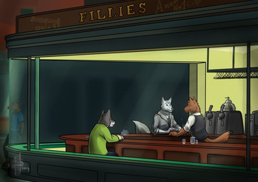 anthro bar beverage black_clothing black_topwear black_vest blue_clothing blue_shirt blue_t-shirt blue_topwear brown_body brown_fur clothed clothing fur grey_body grey_clothing grey_fur grey_jacket grey_topwear group head_tuft inside jacket male male_anthro mouth_closed night outside shirt sitting slim_anthro slim_male standing t-shirt topwear tuft vest white_body white_clothing white_fur white_shirt white_topwear hufnaar canid canine deer mammal 2014 dated