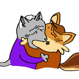 anthro clothing duo fur grey_body grey_fur kiss_on_lips kissing male male/male meme_pose onfu_terri orange_body orange_clothing orange_fur purple_clothing catboom canid canine canis coyote felid mammal 1:1 meme