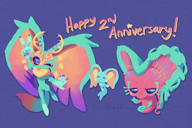 ^_^ ambiguous_gender anniversary anthro antlers big_ears biped bipedal_feral blush blush_stickers chest_tuft colored_nails countershade_torso countershading digitigrade dipstick_tail eyes_closed feral fingernails fluffy fluffy_tail front_view fur gesture group hand_gesture head_wings horn huge_wings legless looking_at_viewer markings mouthless multicolored_body multicolored_eyes multicolored_fur nails narrowed_eyes neck_tuft notched_ear one_eye_closed orange_body orange_fur pink_eyes pupils purple_background purple_fingernails purple_nails purple_sclera raised_arm semi-anthro simple_background size_difference smile tail tail_markings tan_body tan_fur teal_body teal_eyes teal_fur text three-quarter_view trio tuft unusual_wing_placement v_sign wings wink winking_at_viewer kamabokobun kirby_(series) kirby_and_the_forgotten_land nintendo elfilin fecto_elfilis fecto_forgo alien chinchilla chinchillid mammal rodent starling_(kirby) 2024 digital_drawing_(artwork) digital_media_(artwork) english_description english_text hi_res signature male_(lore)