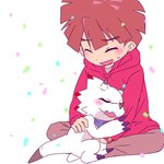 anthro blush brown_hair claws clothing confetti duo hair hoodie horn hug kerchief male markings neckerchief neckwear on_lap red_markings simple_background sleeping topwear white_body hamu_ym bandai_namco digimon digimon_ghost_game gammamon_(ghost_game) hiro_amanokawa digimon_(species) gammamon human mammal 1:1