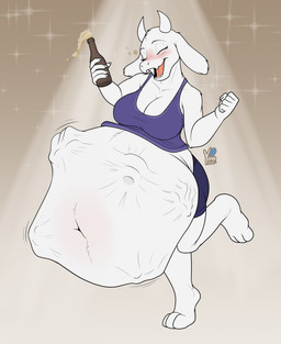 abdominal_bulge alcohol alcohol_bottle anthro anthro_pred belly beverage big_belly blush body_outline bottle bottomwear breasts bubble cleavage clothed clothing container dancing drunk drunk_bubble eyes_closed female female_anthro female_pred horn navel oral_vore raised_clothing shirt shorts struggling struggling_prey substance_intoxication tank_top topwear vore yina undertale undertale_(series) toriel boss_monster_(undertale) bovid caprine goat mammal hi_res