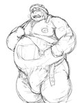 anthro belly big_belly bulge clothing detailed_bulge genital_outline hat headgear headwear kemono male moobs nipples overalls overweight overweight_male penis_outline simple_background solo white_background kotobuki lifewonders tokyo_afterschool_summoners volos_(tas) bear mammal 2024 absurd_res hi_res monochrome sketch