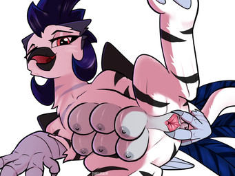 4_fingers 6_breasts 6_limbs anus areola backlighting beak bedroom_eyes big_breasts black_beak black_stripes blue_body blue_feathers blue_hair blue_tail breasts claws clitoris collarbone eyebrows eyelashes feathered_wings feathers feet female female_feral feral finger_claws fingers fur genitals glistening glistening_breasts glistening_eyes grey_areola grey_body grey_claws grey_feathers grey_nipples grey_scutes hair light logo looking_at_viewer lying medium_hair multi_breast narrowed_eyes nipples on_ground on_side one_leg_up open_beak open_mouth pawpads pink_eyelids pink_eyes presenting presenting_vulva raised_leg scuted_hands scutes seductive simple_background slim_female slim_feral smile smiling_at_viewer solo spread_legs spread_vulva spreading stripes tail tail_feathers talons text thick_eyelashes toes ventral_groove vulva white_background white_body white_fur white_tail wings user001 hasbro my_little_pony mythology fan_character avian gryphon mythological_avian mythological_creature 2026 4:3 artist_logo artist_name digital_drawing_(artwork) digital_media_(artwork) english_description hi_res lighting portrait shaded signature three-quarter_portrait watermark