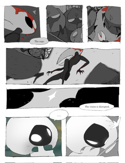 anthro biped black_body blood blood_drip blood_on_face bodily_fluids cage dialogue dripping female group horn jumping male segmented_body speech_bubble sweat justdog hollow_knight:_silksong hollow_knight_(franchise) team_cherry hornet_(hollow_knight) lace_(hollow_knight:_silksong) arachnid arthropod fly_(animal) insect silk_fly spider wardenfly 2026 comic greyscale hi_res monochrome