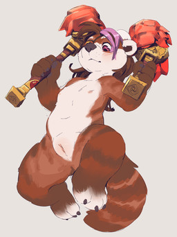 anthro brown_body brown_fur clitoris fat_mons female flat_chested fur genitals hair mace melee_weapon navel nipples nude pink_eyes pink_hair plump_labia presenting presenting_vulva solo spread_legs spreading vulva weapon young young_anthro young_female seth-iova blizzard_entertainment warcraft bear mammal pandaren absurd_res hi_res