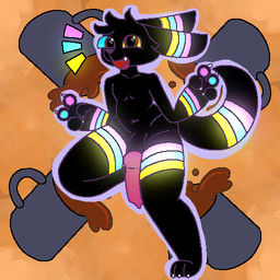 animal_genitalia animal_penis anthro beverage bioluminescence black_body canine_genitalia canine_penis coffee coffee_mug genitals gesture glowing hand_gesture happy looking_at_viewer male markings on_one_leg outer_highlight pawpads penis solo standing striped_markings stripes v_sign theenyface nintendo pokemon eeveelution generation_2_pokemon pokemon_(species) umbreon 1:1 aliasing digital_drawing_(artwork) digital_media_(artwork)