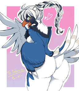 anthro beak big_butt black_body black_feathers blue_body blue_feathers blush braided_hair breasts butt cheek_tuft facial_tuft feathers female fluffy green_eyes hair happy heart_symbol looking_at_viewer medium_breasts neck_tuft non-mammal_breasts nude nude_female open_beak open_mouth orange_beak ponytail pose presenting presenting_hindquarters simple_background small_waist smile solo standing stripes tail tail_feathers thick_thighs tongue tuft underfluffies white_body white_feathers wide_hips wings winter_coat qb_dayoo cissa_(idorrth) avian bird corvid magpie_(corvid) oscine passerine digital_media_(artwork) hi_res portrait three-quarter_portrait