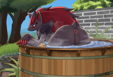 anthro anus bathing bathtub big_butt biped blue_eyes butt claws closed_smile female female_anthro fur genitals grass grey_body grey_fur hair looking_at_viewer looking_back looking_back_at_viewer mouth_closed outside partially_submerged plant presenting presenting_hindquarters red_hair rubber_duck short_tail sky smile smiling_at_viewer solo steam tail tree vulva water duskguard nintendo pokemon generation_1_pokemon generation_5_pokemon pokemon_(species) psyduck zoroark colored digital_media_(artwork) hi_res shaded
