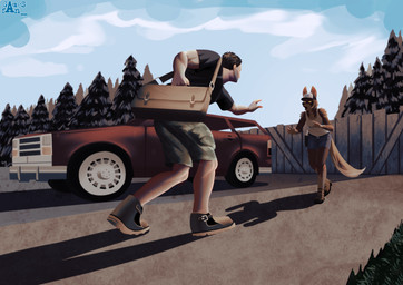 anthro bag black_hair boots bottomwear brown_body brown_fur car clothing duo female footwear forest fur gun hair hat headgear headwear male maroon_fur outside plant ranged_weapon satchel shirt shoes shorts tail tank_top topwear tree vehicle weapon gamesfan project_zomboid the_indie_stone canid canine canis human mammal red_wolf wolf 2025 absurd_res digital_drawing_(artwork) digital_media_(artwork) hi_res