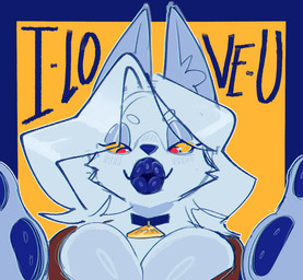 anthro black_collar blue_lips breasts cheek_tuft clothing collar collar_tag ears_up facial_tuft female fur glistening glistening_eyes hair holding_viewer i_love_you kissy_face kissy_lips lips looking_at_viewer neck_tuft pupils red_clothing red_pupils simple_background solo talking_to_viewer thick_lips tuft white_body white_fur white_hair yellow_sclera bigjazz mommie_(bigjazz) canid canine mammal 2025 digital_media_(artwork) hi_res