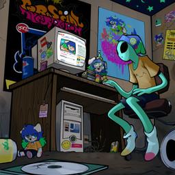 3_fingers badge beanie beverage_can blue_hair bottomwear cassette_tape cd chair clothed clothing computer computer_monitor computer_mouse crt_monitor desk detailed_background electronics eyewear fingers footwear furniture glasses green_body green_skin hair hat headgear headwear inside lanyard no_pupils office_chair orange_clothing orange_shirt orange_topwear party_hat plushie poster_(object) shirt shorts sitting smiley_face socks solo sparks sticker table text topwear wire cathodegaytube sophiaaaahjkl;8901 youtube alien alien_humanoid canid canine canis domestic_dog humanoid mammal roswell_grey 2026 absurd_res album_cover cover english_text hi_res signature