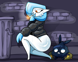 ambiguous_gender big_butt black_clothing black_topwear blue_body blue_hair bodily_fluids bottomless butt cigarette clothed clothing duo eyelashes featureless_feet feet feral hair holding_cigarette holding_object kneeling orange_eyes short_hair side_view smoking sweat sweatdrop thick_thighs topwear white_body wide_hips trekismog nintendo pokemon gardevoir generation_3_pokemon generation_5_pokemon humanoid pokemon_(species) shiny_pokemon trubbish 5:4 hi_res