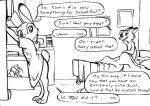 anthro appliance bed black_and_white bottomless canid canine clothed clothing comic dialogue disney duo english_text eric_schwartz female food fox fridge furniture hand_behind_head judy_hopps kitchen_appliance lagomorph leporid line_art looking_back male mammal monochrome morning_after nick_wilde nude on_bed oversized_clothing oversized_shirt oversized_topwear partially_clothed rabbit red_fox rubbing_head shirt side_view sitting speech_bubble standing text topwear true_fox under_covers zootopia