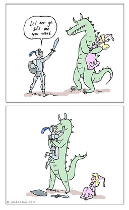 ambiguous_gender anthro armor biped claws female green_body horn human_on_anthro humor interspecies kissing knight lay_the_dragon male melee_weapon princess royalty simple_background size_difference sword tail text warrior weapon white_background jim_benton mythology dragon human mammal mythological_creature mythological_scalie scalie wingless_dragon 2013 comic meme