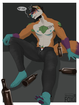 alcohol anthro armpit_hair beverage black_hair blue_hair blue_nipples blue_nose blush body_hair bottle bottomwear bulge chest_tuft clothed clothing container drunk ear_piercing facial_piercing fur green_armpit_hair green_pubes hair lip_piercing looking_at_viewer male mastectomy_scar multicolored_body multicolored_fur multicolored_hair nipples nose_piercing open_bottomwear open_clothing open_pants pants piercing pubes purple_hair scar solo substance_intoxication text tuft underwear sinningfox frisky_(foxjxck) canid canine fox mammal 3:4 english_text hi_res