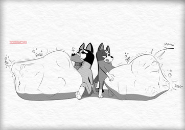 abdominal_bulge age_difference ambiguous_gender ambiguous_pred ambiguous_prey anthro belly big_belly digestion_noises duo eye_roll licking licking_lips licking_own_lips looking_down looking_pleasured narrowed_eyes older_prey orgasm_face simple_background soft_vore tongue tongue_out unwilling_prey vore white_background willing_pred young young_ambiguous young_anthro young_pred younger_pred tairedfox bluey_(series) bingo_heeler bluey_heeler australian_cattle_dog canid canine canis cattledog domestic_dog herding_dog mammal pastoral_dog absurd_res black_and_white hi_res monochrome female_(lore)