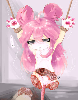 anthro blush female flat_chested genitals gore gore_focus guts gutting hair imminent_death intestines missing_all_legs missing_leg organs pawpads pink_hair rope_suspension snuff solo suspension vulva young young_anthro gorebunny mammal mouse murid murine rodent hi_res