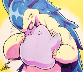 ambiguous_gender anthro blue_body blue_fur blush blush_lines bodily_fluids duo eyelashes eyes_closed fur multicolored_body open_mouth purple_body simple_background size_difference sweat sweatdrop tan_body tan_fur tongue two_tone_body wavy_mouth 025aki nintendo pokemon ditto_(pokemon) generation_1_pokemon generation_2_pokemon pokemon_(species) typhlosion 2026 absurd_res dated hi_res signature