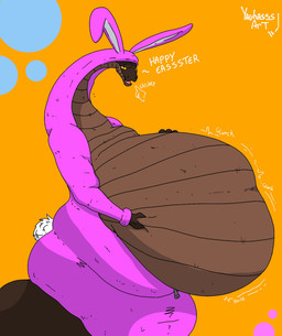 ambiguous_gender anthro apode belly big_belly brown_belly bunny_costume clothing costume fake_ears fake_rabbit_ears hand_on_belly holidays huge_belly legless orange_background overweight rumbling_stomach serpentine simple_background solo talking_to_viewer yauhasart easter mboi_(yauhasart) draconcopode naga reptile scalie snake 2026 flat_colors hi_res watermark
