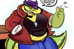 4_fingers anthro biped bottomwear clothing coin fingers green_body hat headgear headwear pants shirt slightly_chubby solo text topwear rinhatsuyuki brok_the_investigator cowcat_games brok_(brok_the_investigator) alligator alligatorid crocodilian reptile scalie 2023 english_text hi_res