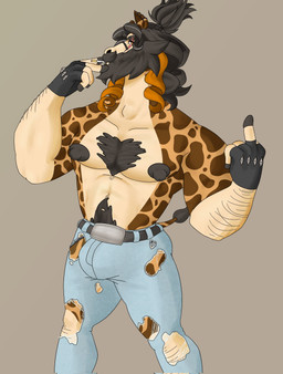 abs adam's_apple anthro beard belt belt_buckle big_bulge black_belt black_clothing black_jewelry black_nipples blue_bottomwear blue_clothing blue_jeans blue_pants body_hair bottomwear brown_eyes buckle bulge chain cigarette cigarette_in_mouth clothed clothing curly_hair denim denim_bottomwear denim_clothing ear_piercing eye_scar facial_hair facial_piercing facial_scar fingers fur gesture gloves grey_clothing grey_hair hair hand_gesture handwear happy_trail hooved_fingers hooves jeans jewelry lip_piercing long_beard male markings middle_finger mole_under_eye musclegut muscular muscular_anthro muscular_male mustache nipples nose_jewelry object_in_mouth pants partially_clothed pecs piercing ponytail pubes scar shirtless shirtless_anthro shirtless_male solo spots spotted_body spotted_fur tall torn_bottomwear torn_clothing torn_jeans torn_pants starmoral mora_giraffe_(starmoral) giraffe giraffid mammal hi_res