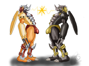 anthro armor biped black_body briefs bulge clothing detailed_bulge duo hair male male_anthro muscular red_briefs red_clothing red_underwear side_view simple_background standing underwear weapon yellow_body yellow_briefs yellow_clothing yellow_underwear rsproduccion bandai_namco digimon blackwargreymon digimon_(species) wargreymon absurd_res digital_drawing_(artwork) digital_media_(artwork) digital_painting_(artwork) hi_res painting_(artwork)